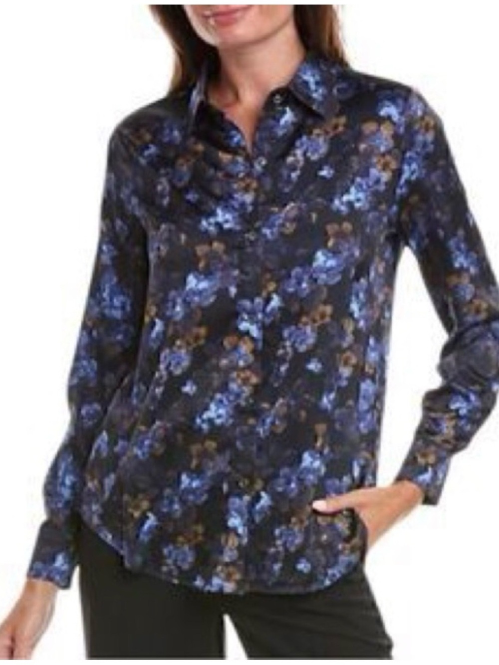 Elie Tahari Black Button-Down Blouse with Blue and Brown Floral Print
